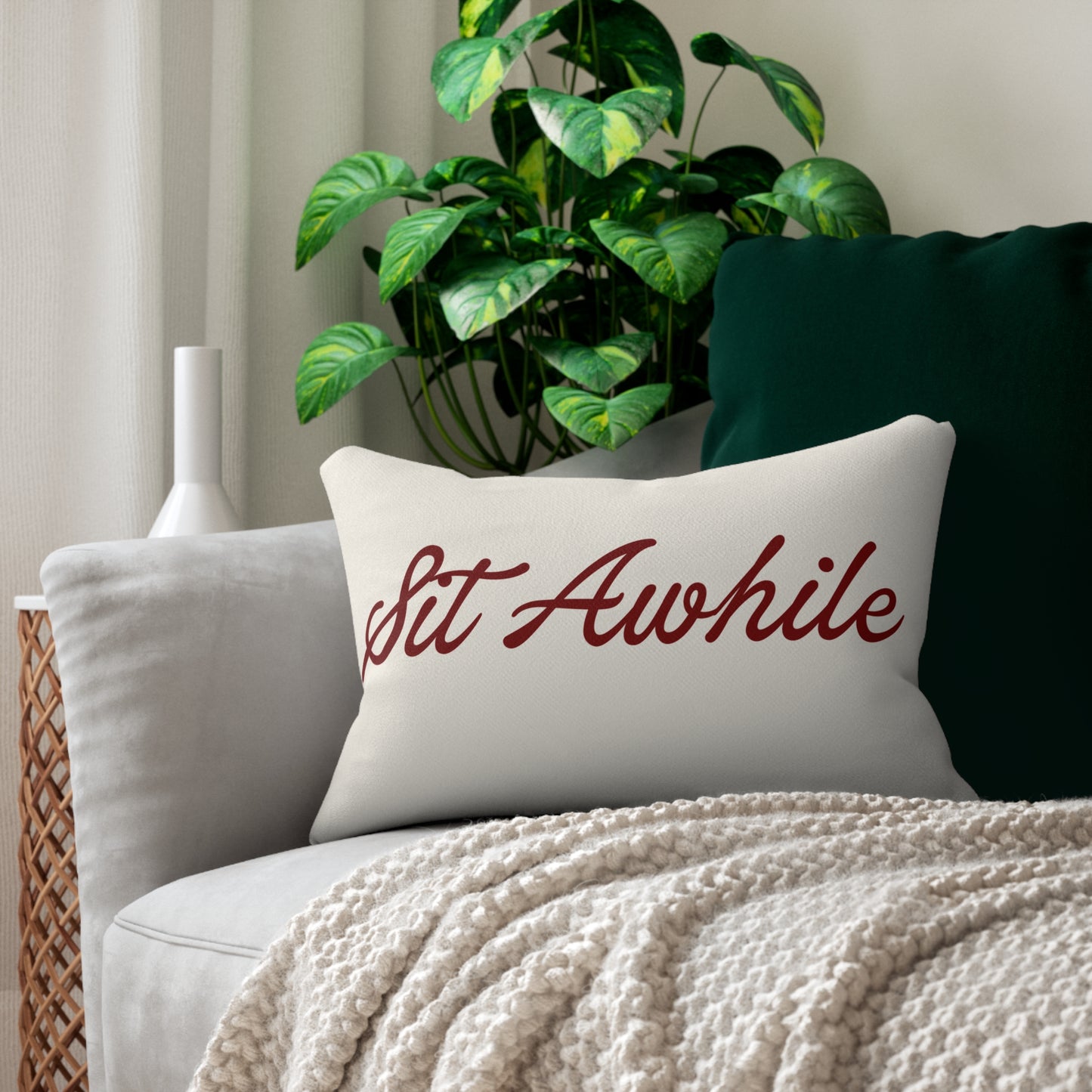 Sit Awhile Lumbar Pillow | Farmhouse Throw Pillow | Rustic Americana Accent Cushion | Country Porch Decor