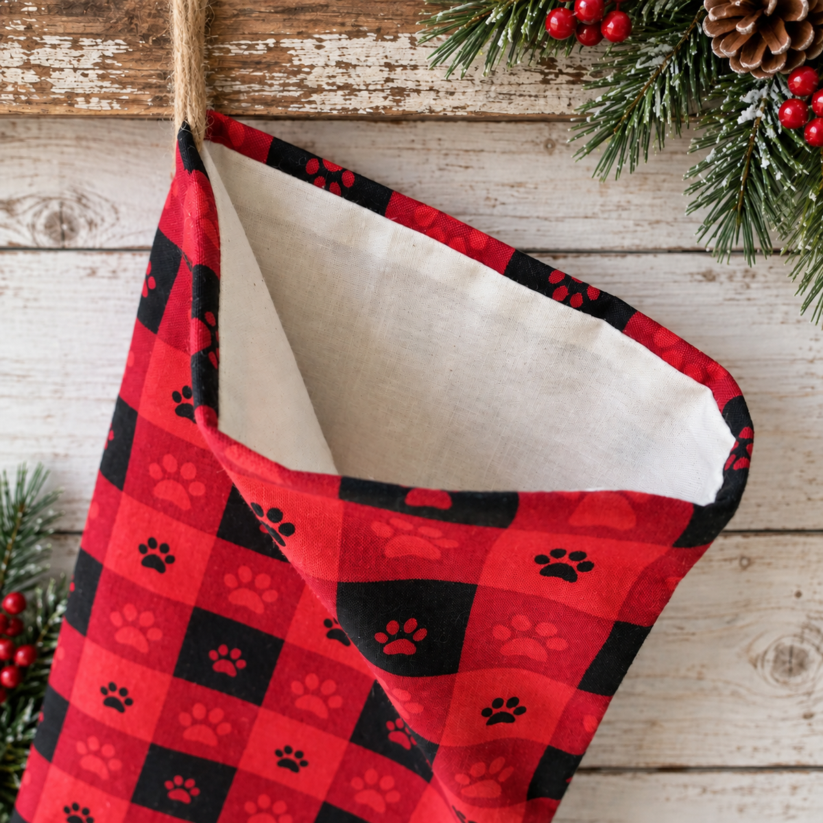 A red and black buffalo plaid Christmas stocking with small black paw print patterns, hanging from a wooden surface decorated with pine branches, red berries, and a pinecone.