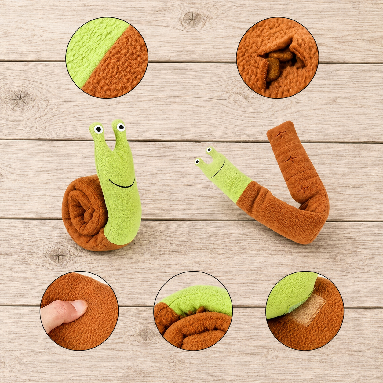 A plush snail toy shown on a light wood plank background, with two views of the toy and five circular detail insets highlighting the soft textures. The toy has a bright green body and a brown shell, with embroidered eyes and a simple smile.