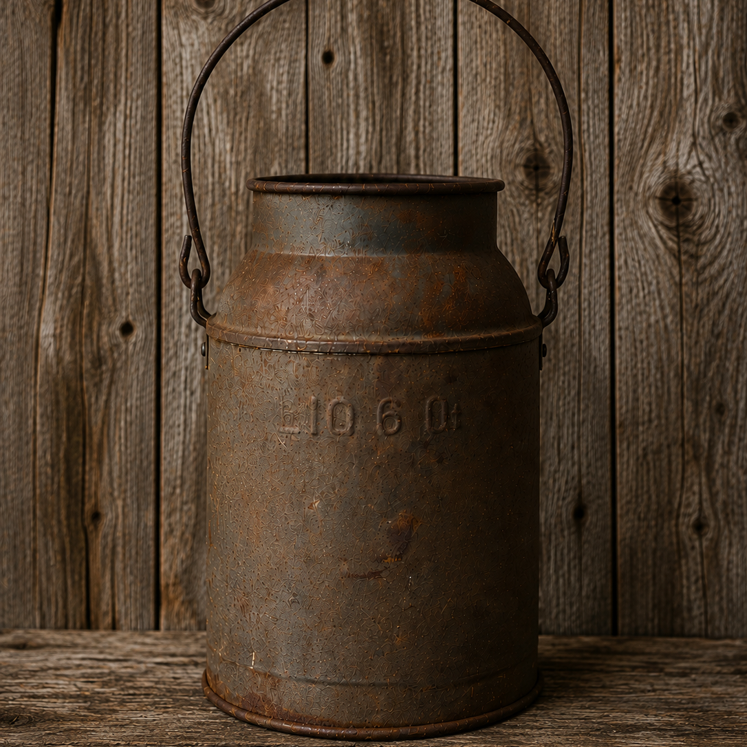 A vintage rusted metal milk can with a wire handle, standing on a rustic wooden surface against a weathered wood plank background.
