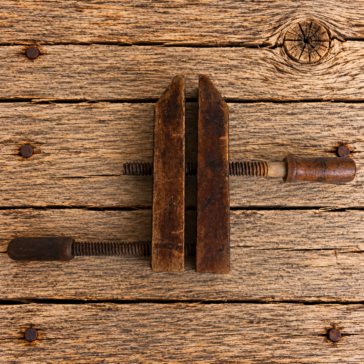 Early Solid Wood Hand Clamp with Double Wood Turn Screws 1920s