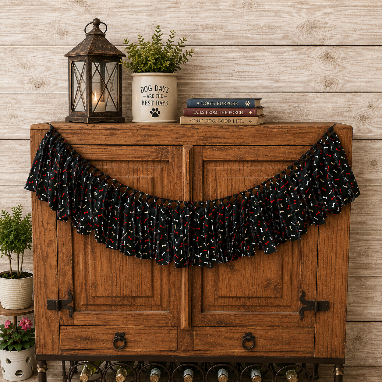 Dog Bone Rag Garland | Handmade Black Cotton Fabric 36" Garland | Dog Lover Farmhouse Decor