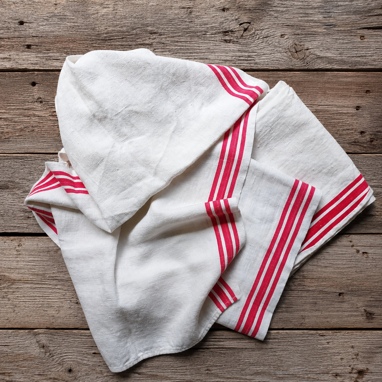 Long Linen Kitchen Towels Set of 3, French-Style White with Red Stripes Soft Hand Towels