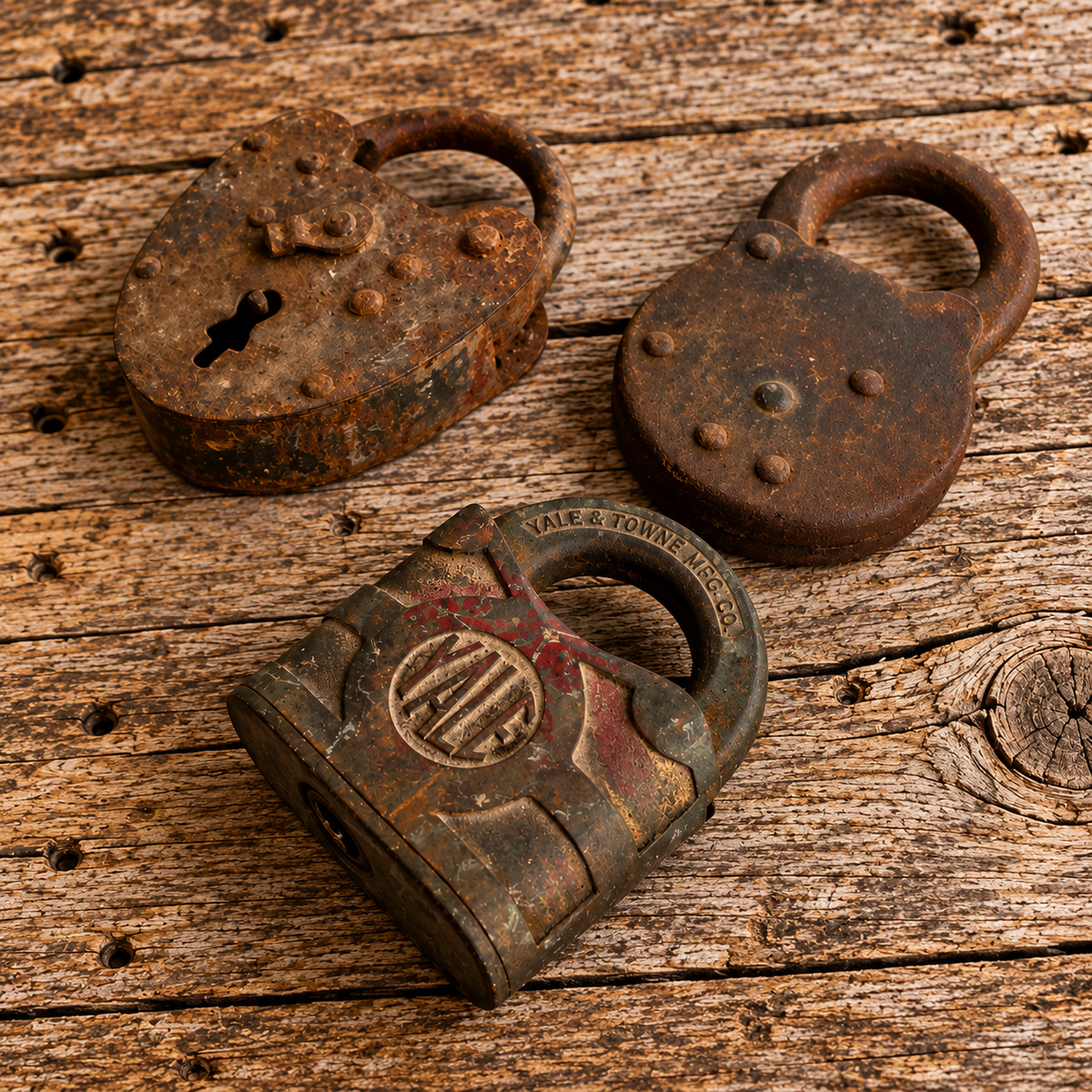 3 Vintage Padlocks, Rusty without Keys, Yale Corbin Heart 1930s