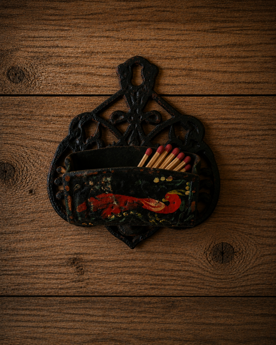 Cast Iron Match Holder Wall Mount Painted Bird and Flowers 1950s