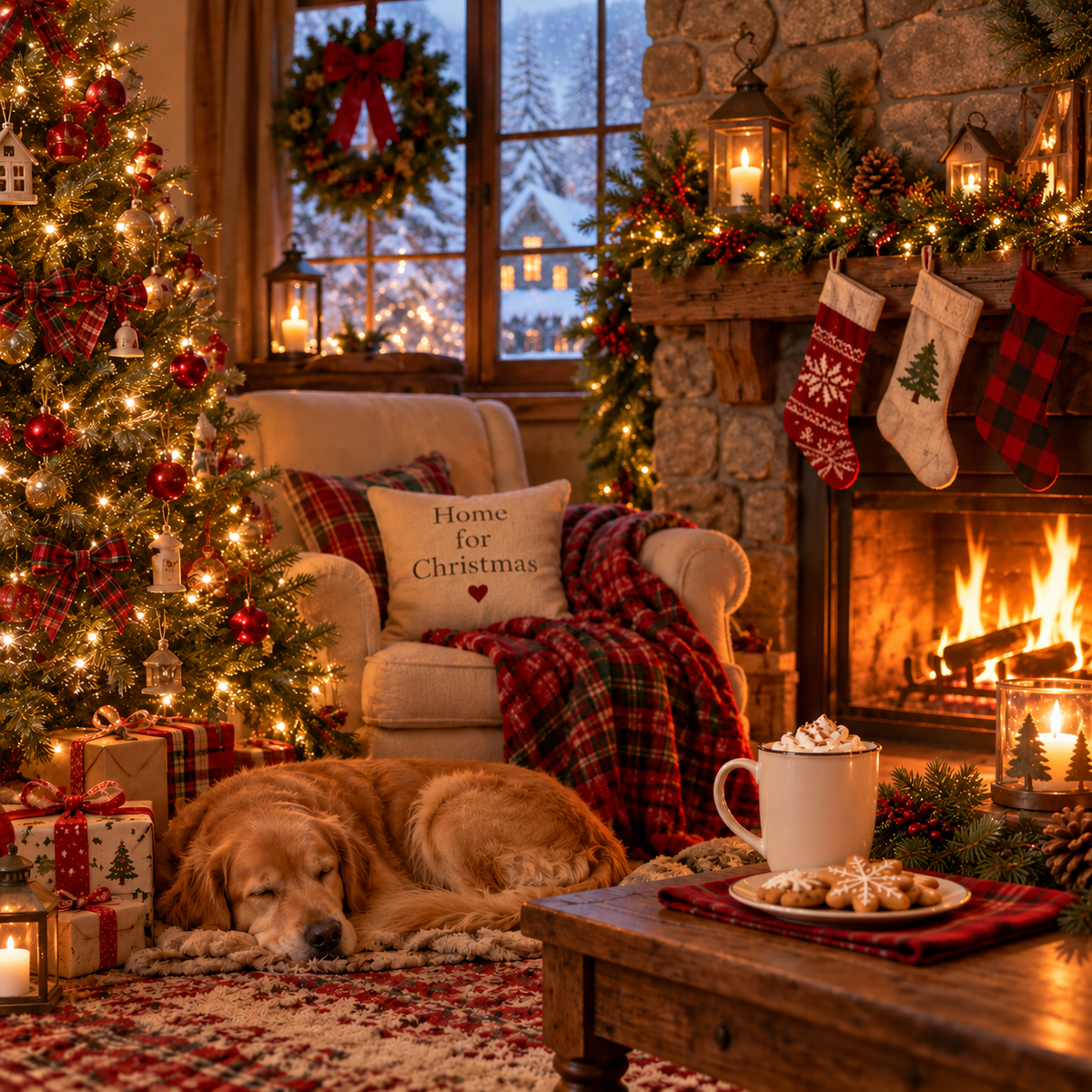 Christmas at the Mercantile with a dog laying in a cozy, nostalgic Christmas setting by the fireplace.