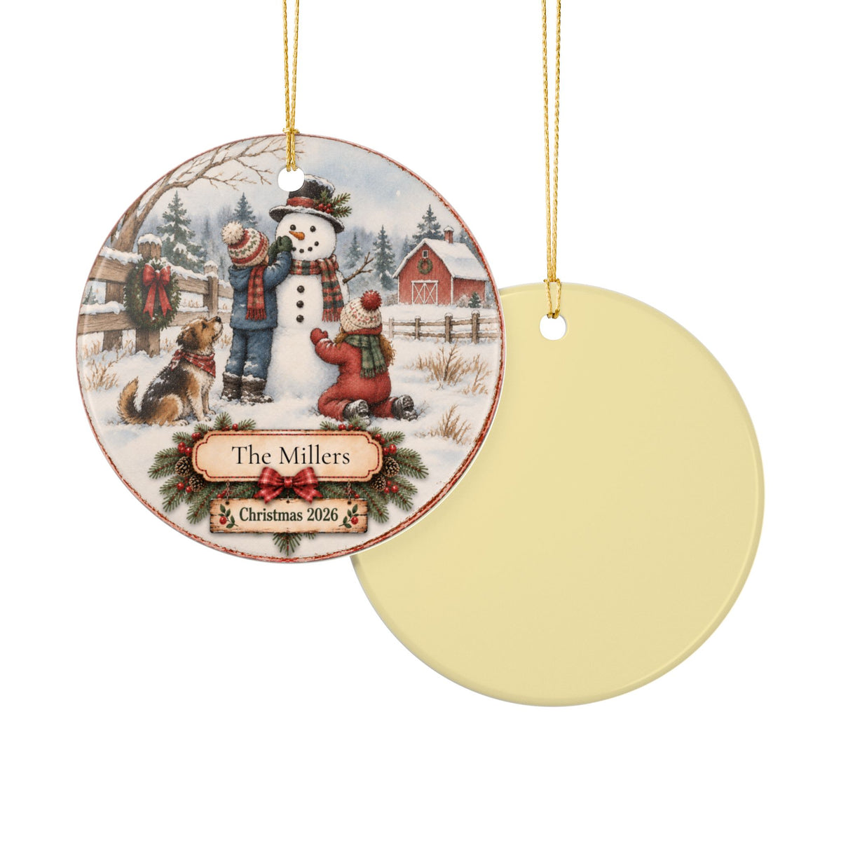 Personalized Family Christmas Ornament | Kids Building a Snowman | Custom Family Name Keepsake