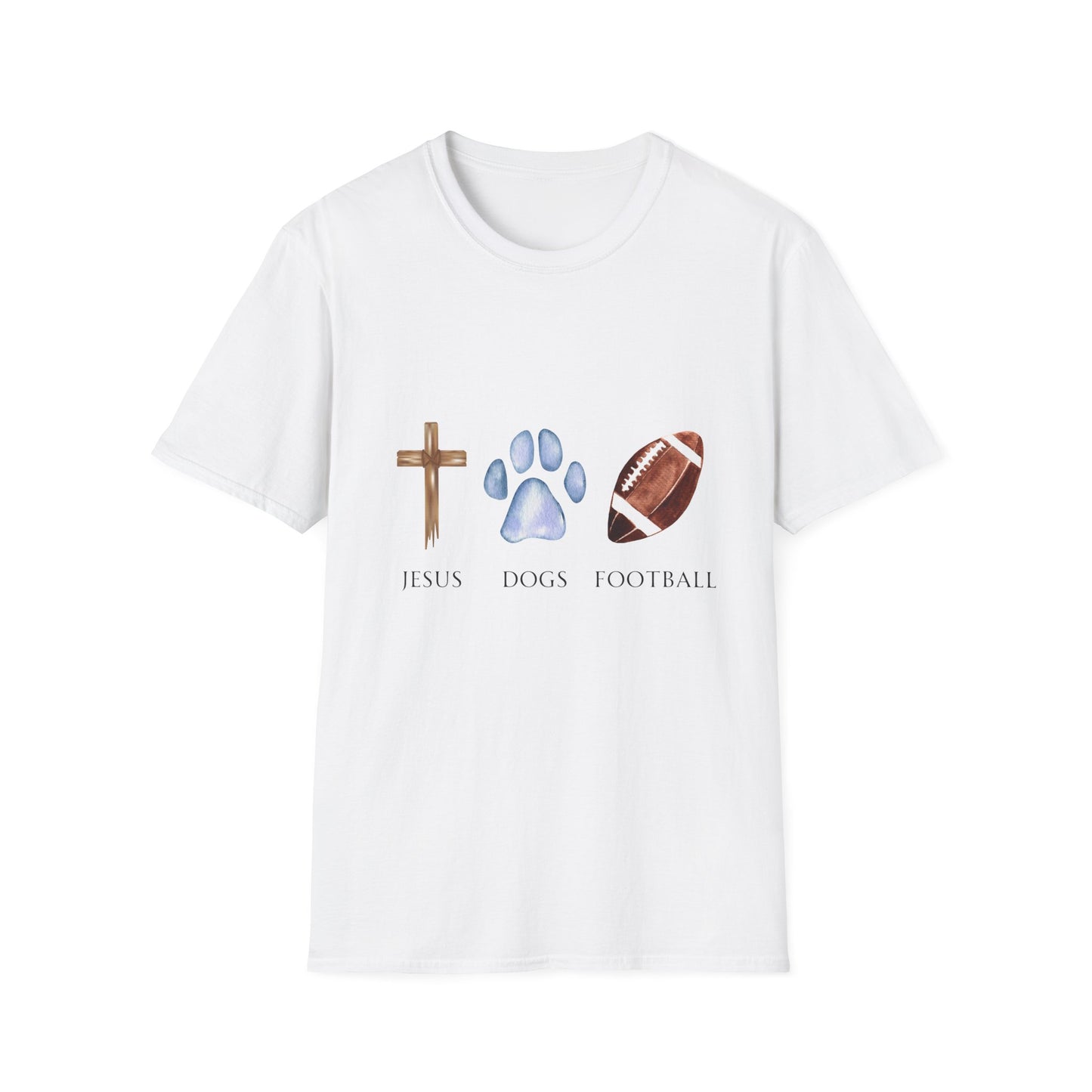 Jesus, Dogs & Football Gildan Unisex T-Shirt, Christian Dog Lover Shirt, Faith & Dogs Graphic Tee, Gift for Dog Moms & Dog Dads