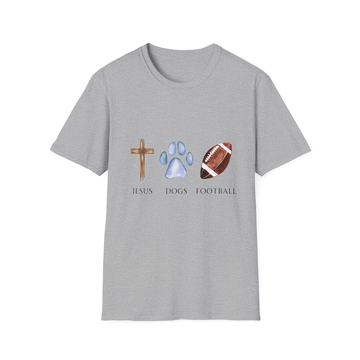 Jesus, Dogs & Football Gildan Unisex T-Shirt, Christian Dog Lover Shirt, Faith & Dogs Graphic Tee, Gift for Dog Moms & Dog Dads