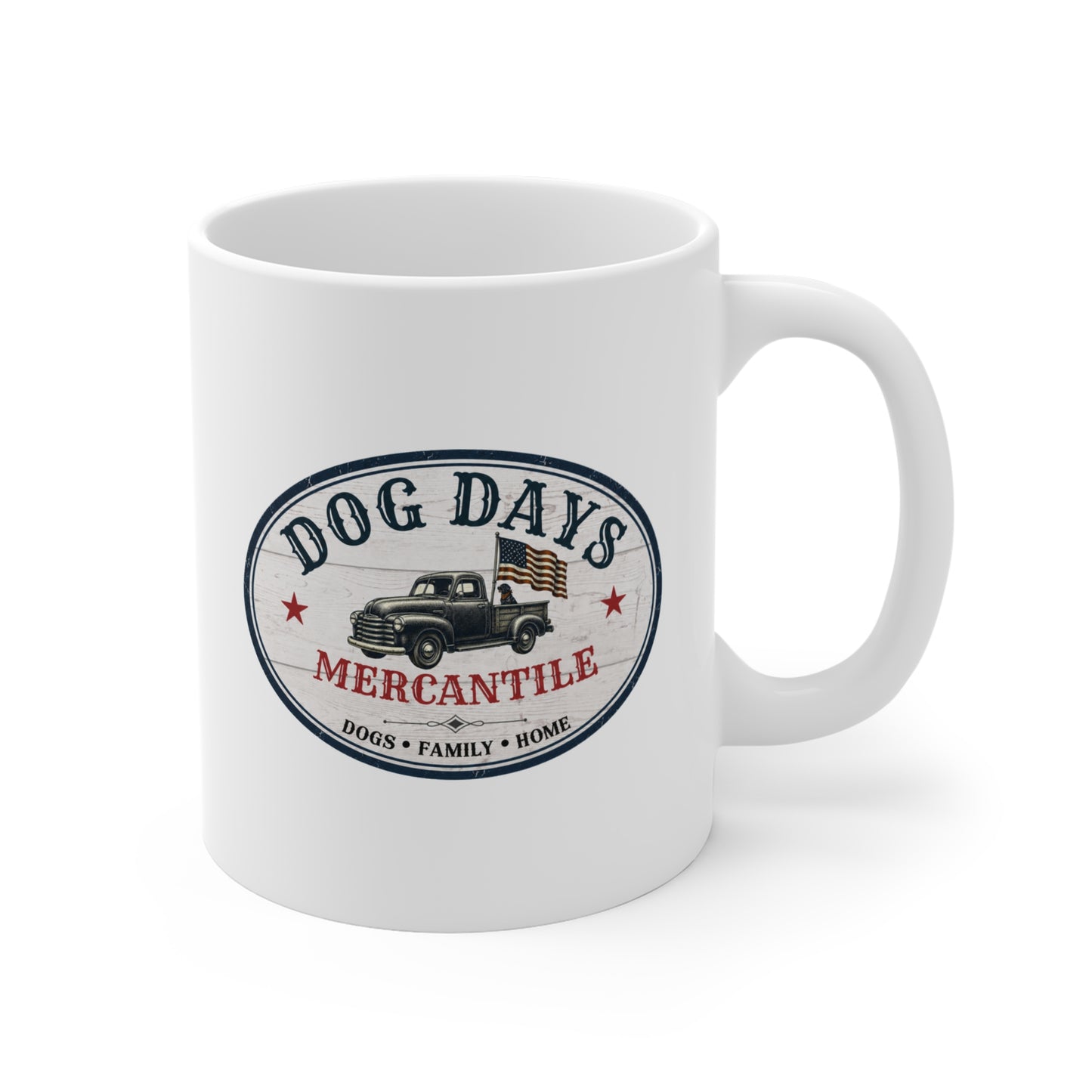 Dog Days Mercantile Logo Mug | 11 oz White Ceramic Coffee Mug | Vintage Americana Dog Lover Mug