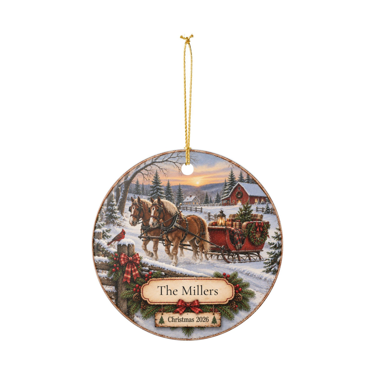 Personalized Horse-Drawn Sleigh Christmas Ornament | Family Name Ornament | Nostalgic Christmas Keepsake