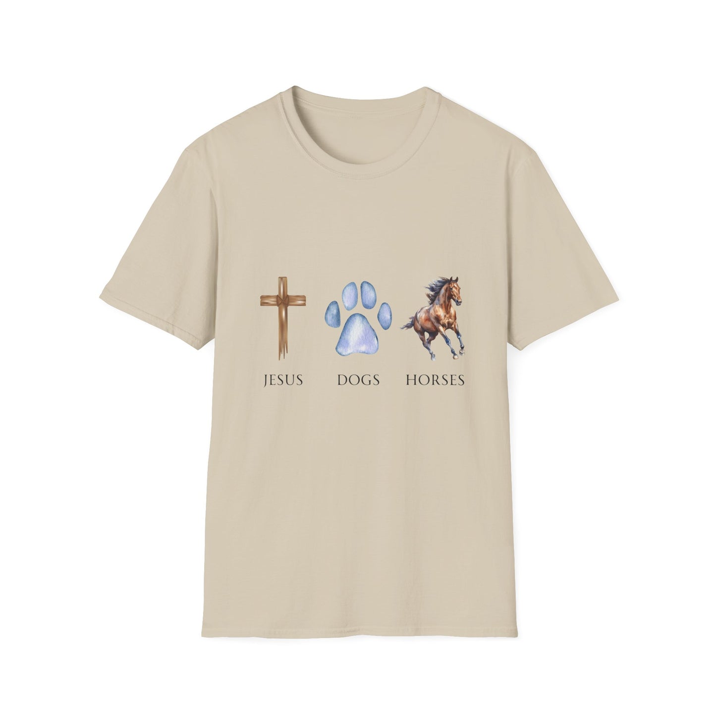 Jesus, Dogs & Horses Gildan Unisex T-Shirt, Christian Dog Lover Shirt, Faith & Dogs Graphic Tee, Gift for Dog Moms & Dog Dads