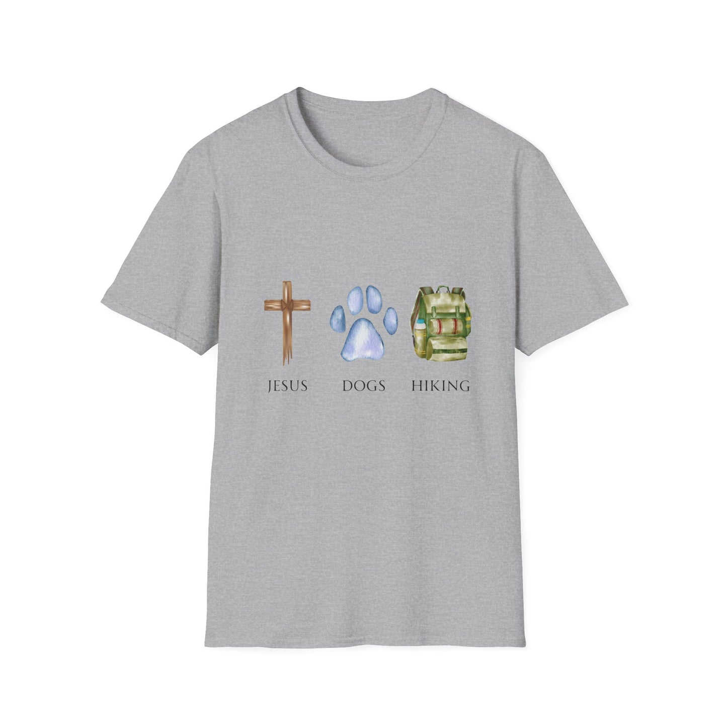 Jesus, Dogs & Hiking Gildan Unisex T-Shirt | Christian Dog Lover Shirt | Faith & Dogs Graphic Tee | Gift for Dog Moms & Dog Dads