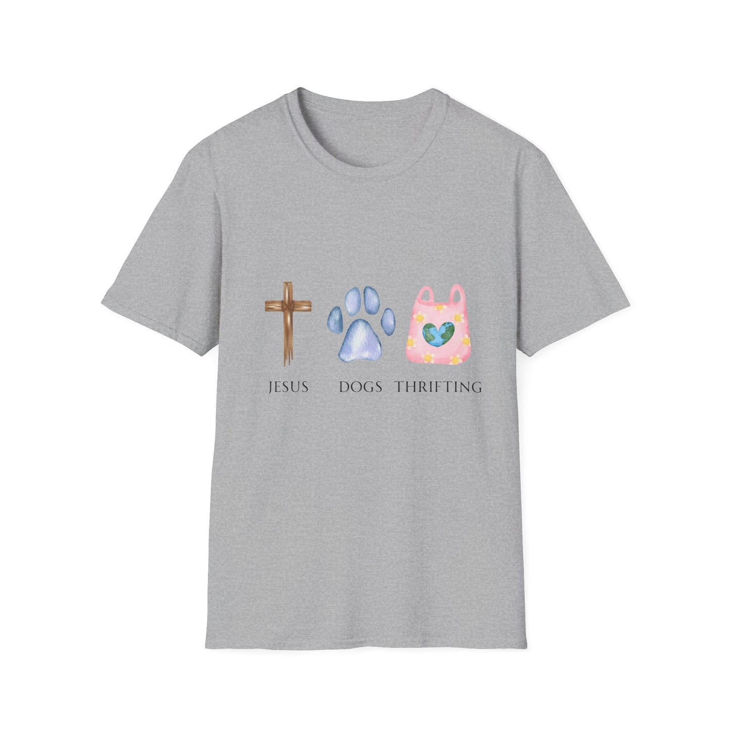 Jesus, Dogs & Thrifting Gildan Unisex T-Shirt, Christian Dog Lover Shirt, Faith & Dogs Graphic Tee, Gift for Dog Moms & Dog Dads