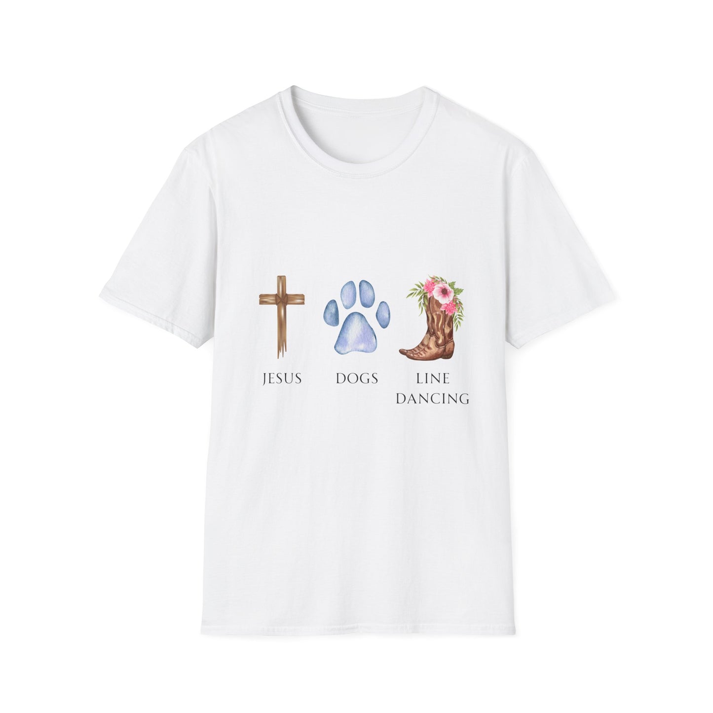 Jesus, Dogs & Line Dancing Gildan Unisex T-Shirt, Christian Dog Lover Shirt, Faith & Dogs Graphic Tee, Gift for Dog Moms & Dog Dads