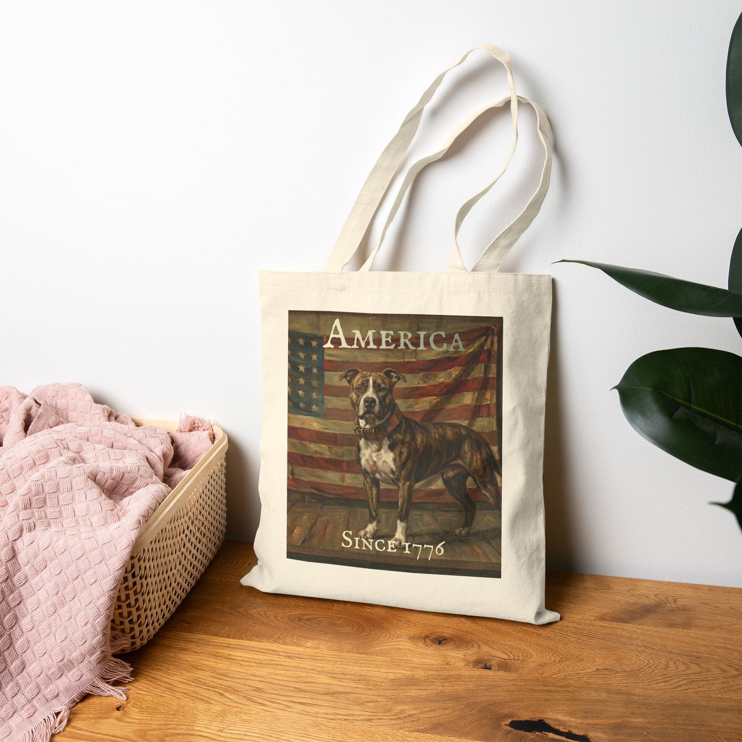 Tote Bag - 'America Since 1776' Patriotic American Flag & Dog Canvas Tote - Pitbull