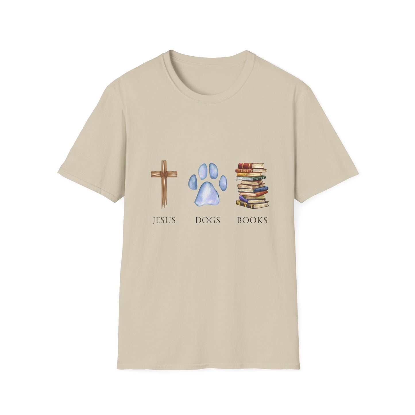 Jesus, Dogs & Books Gildan Unisex T-Shirt | Christian Dog Lover Shirt | Faith & Dogs Graphic Tee | Gift for Dog Moms & Dog Dads