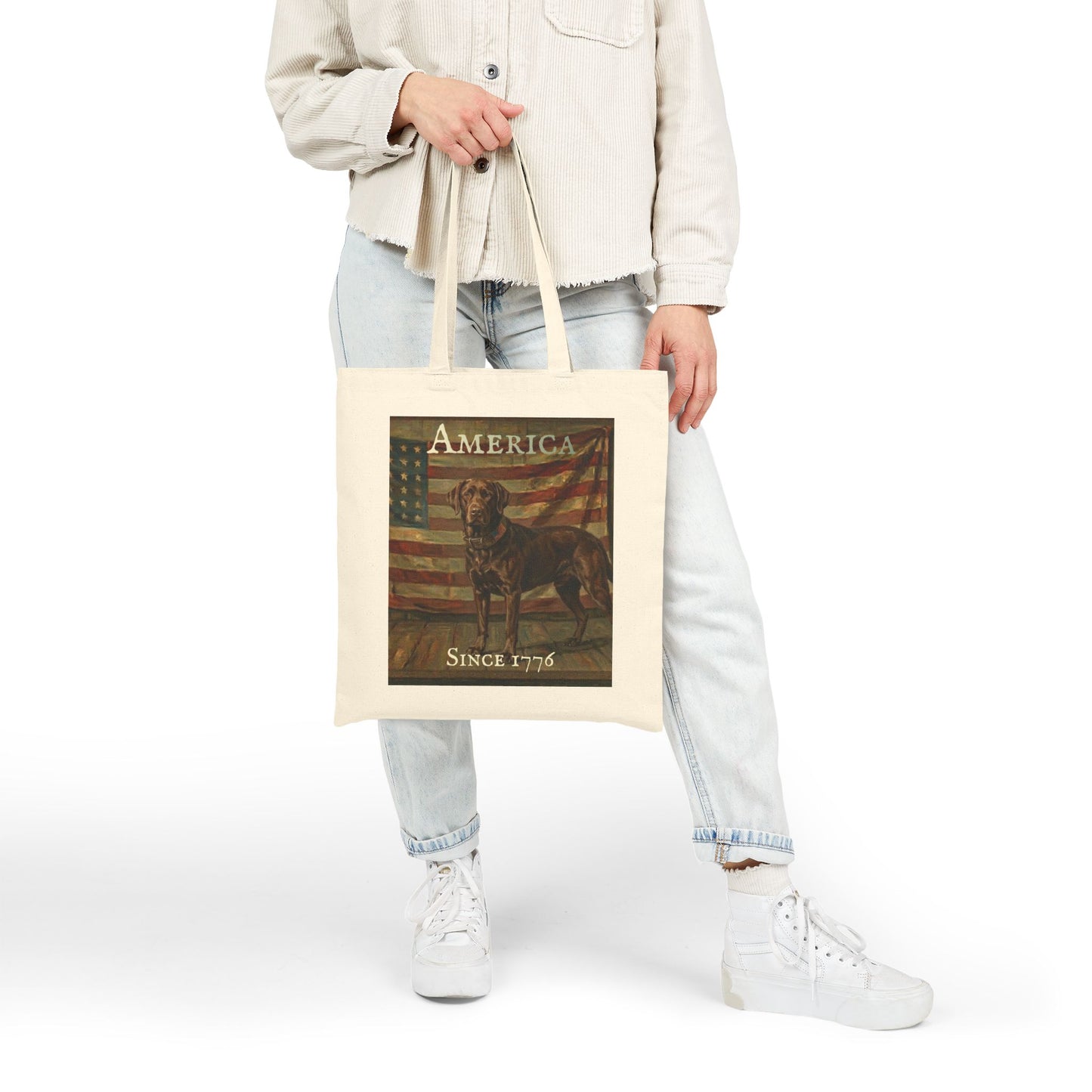 Tote Bag - 'America Since 1776' Patriotic American Flag & Dog Canvas Tote - Chocolate Labrador Retriever