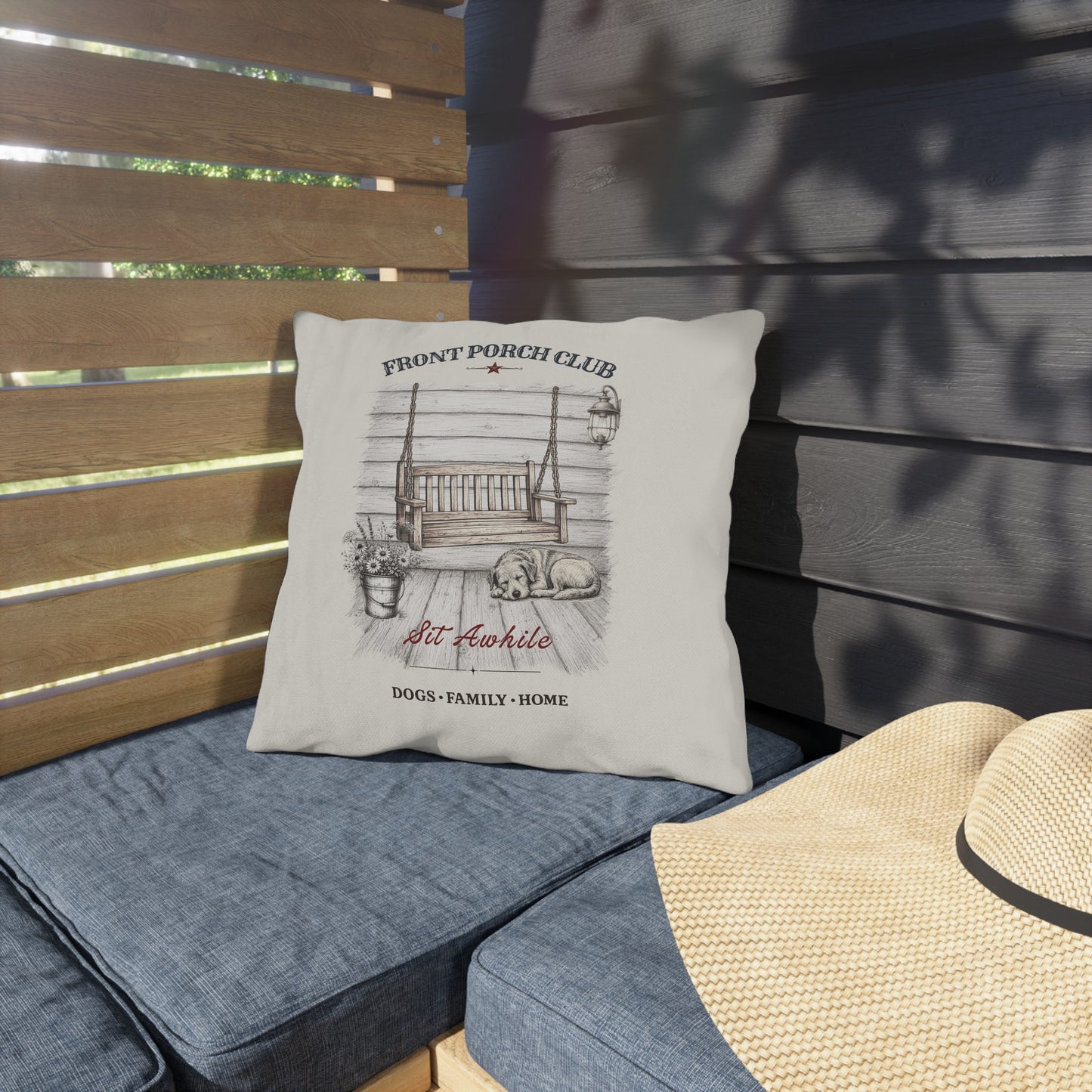 Sit Awhile Outdoor Throw Pillow | 16x16 Farmhouse Porch Pillow | Front Porch Club™ | Dog Days Mercantile