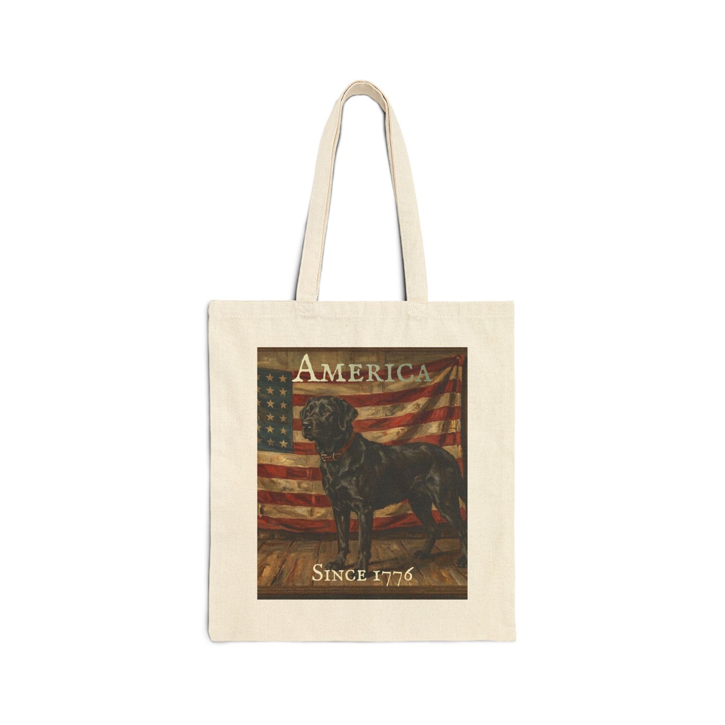 Tote Bag - 'America Since 1776' Patriotic American Flag & Dog Canvas Tote - Black Labrador Retriever