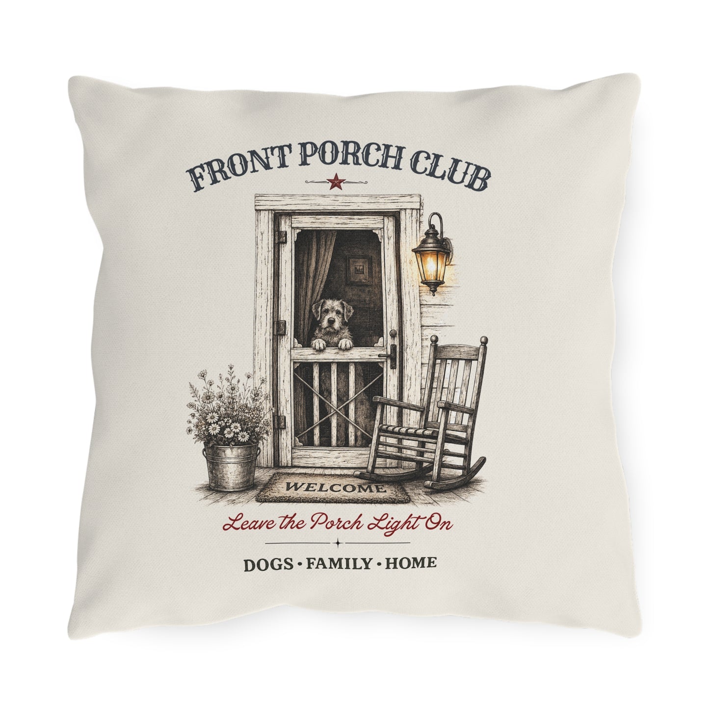 Leave The Porch Light On Outdoor Throw Pillow | 16x16 Farmhouse Porch Pillow | Front Porch Club™ | Dog Days Mercantile