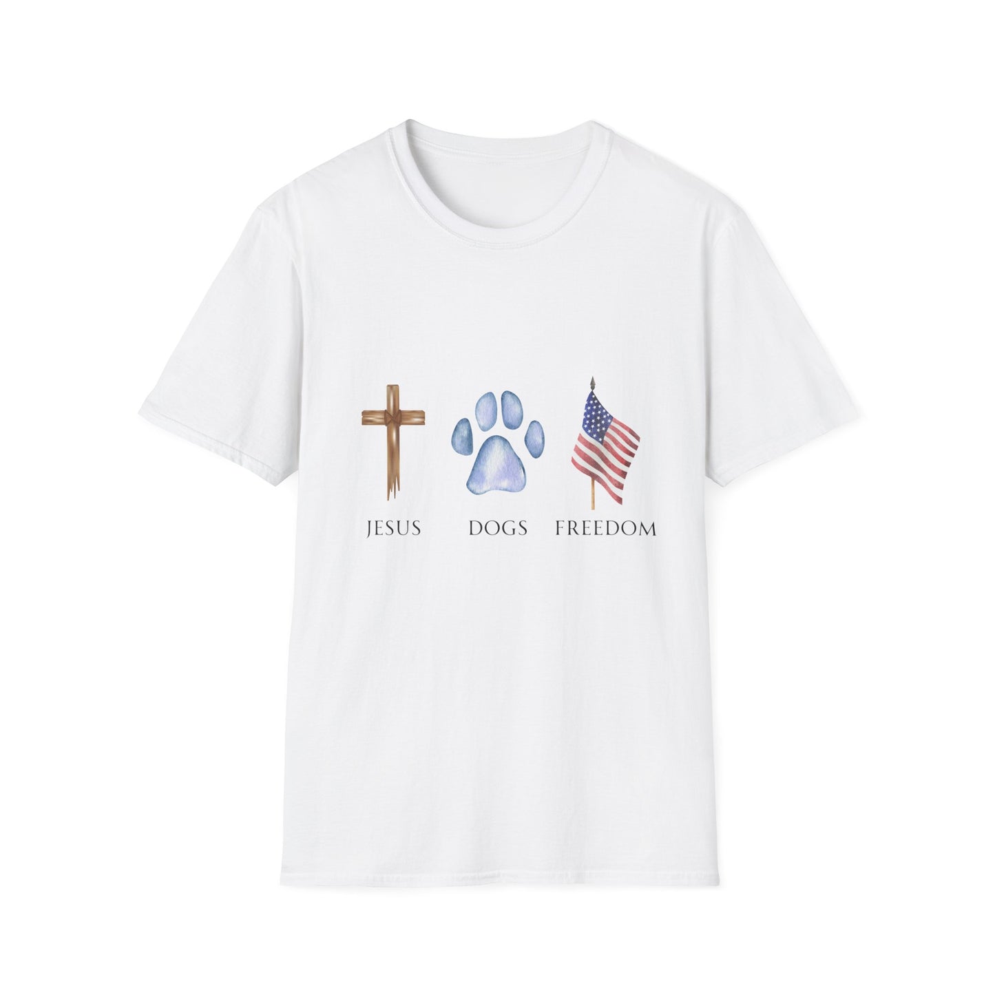 Jesus, Dogs & Freedom Gildan Unisex T-Shirt, Christian Dog Lover Shirt, Faith & Dogs Graphic Tee, Gift for Dog Moms & Dog Dads