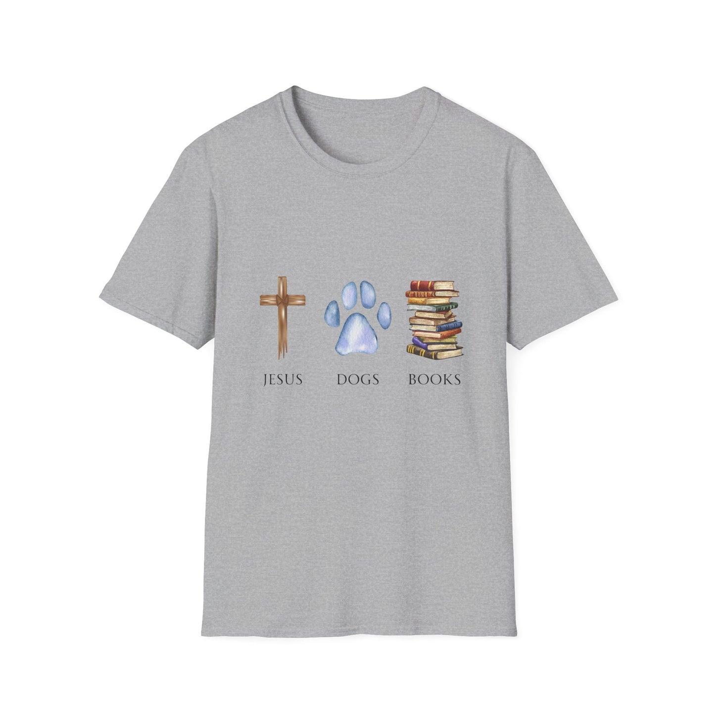 Jesus, Dogs & Books Gildan Unisex T-Shirt | Christian Dog Lover Shirt | Faith & Dogs Graphic Tee | Gift for Dog Moms & Dog Dads