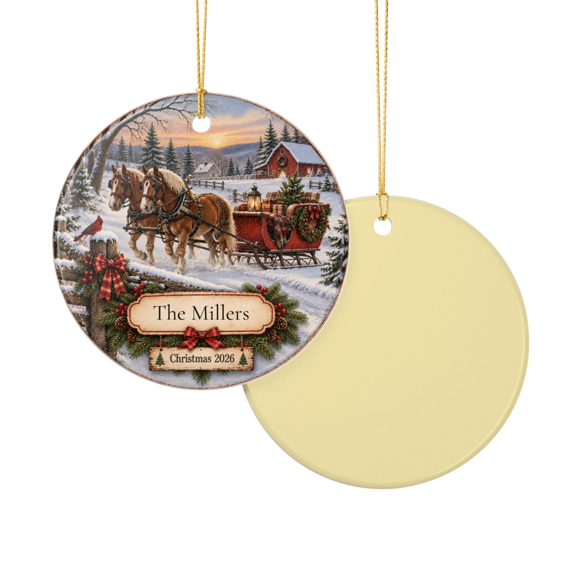 Personalized Horse-Drawn Sleigh Christmas Ornament | Family Name Ornament | Nostalgic Christmas Keepsake