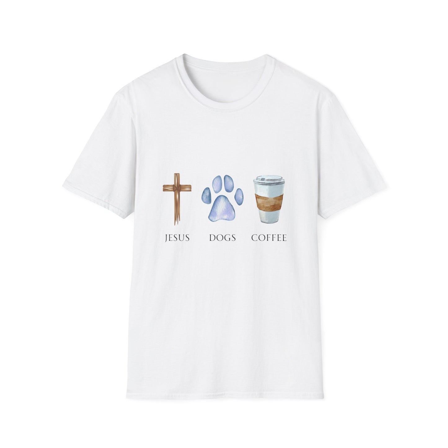 Jesus, Dogs & Coffee Gildan Unisex T-Shirt, Christian Dog Lover Shirt, Faith & Dogs Graphic Tee, Gift for Dog Moms & Dog Dads