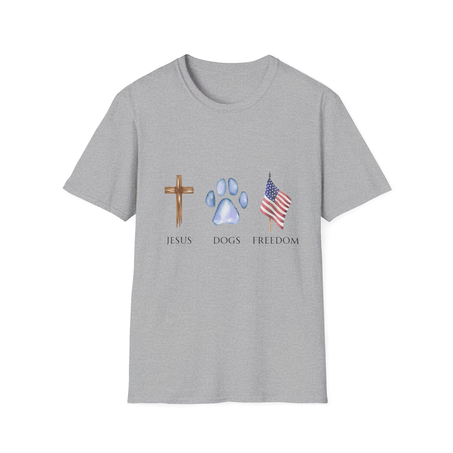 Jesus, Dogs & Freedom Gildan Unisex T-Shirt, Christian Dog Lover Shirt, Faith & Dogs Graphic Tee, Gift for Dog Moms & Dog Dads