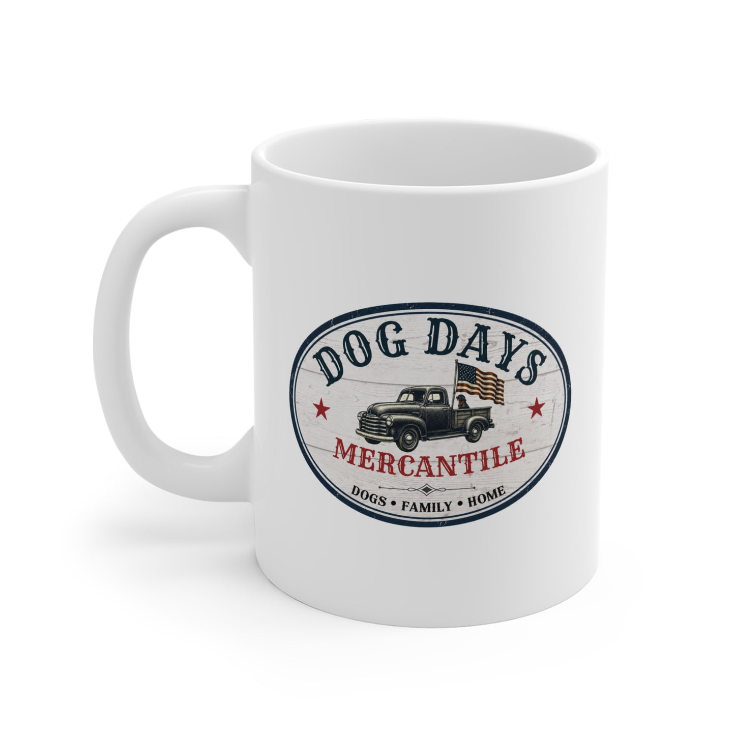 Dog Days Mercantile Logo Mug | 11 oz White Ceramic Coffee Mug | Vintage Americana Dog Lover Mug
