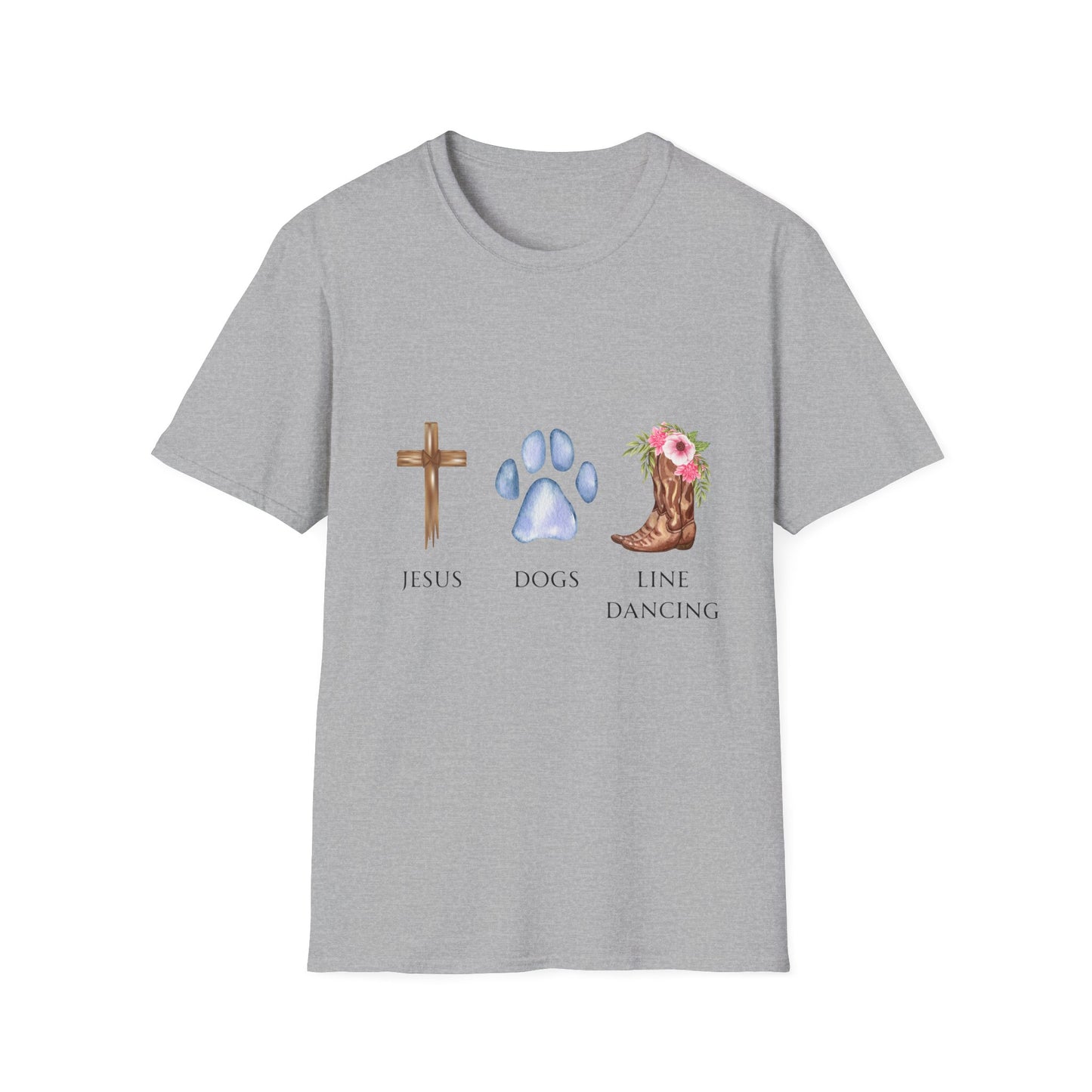 Jesus, Dogs & Line Dancing Gildan Unisex T-Shirt, Christian Dog Lover Shirt, Faith & Dogs Graphic Tee, Gift for Dog Moms & Dog Dads