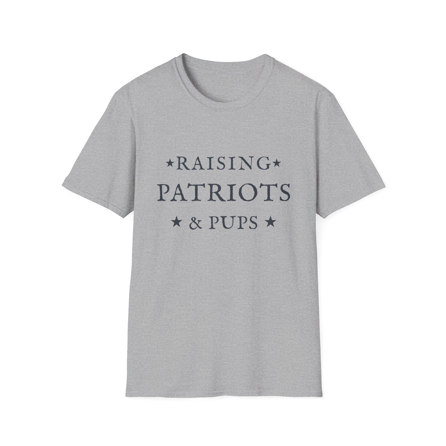 Raising Patriots & Pups Gildan Unisex T-Shirt | Patriotic Dog Lover Graphic Tee in Heather Gray