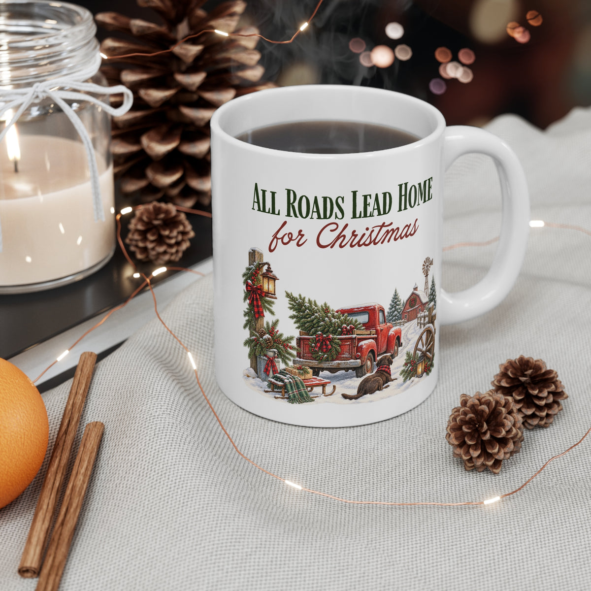 All Roads Lead Home for Christmas Mug | Vintage Red Truck | Nostalgic Christmas Gift | 11 oz Ceramic Mug
