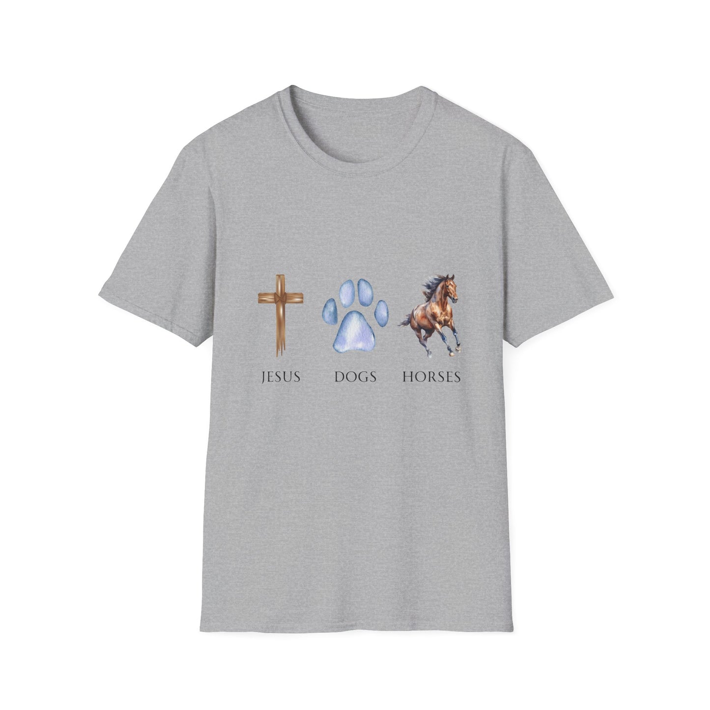 Jesus, Dogs & Horses Gildan Unisex T-Shirt, Christian Dog Lover Shirt, Faith & Dogs Graphic Tee, Gift for Dog Moms & Dog Dads