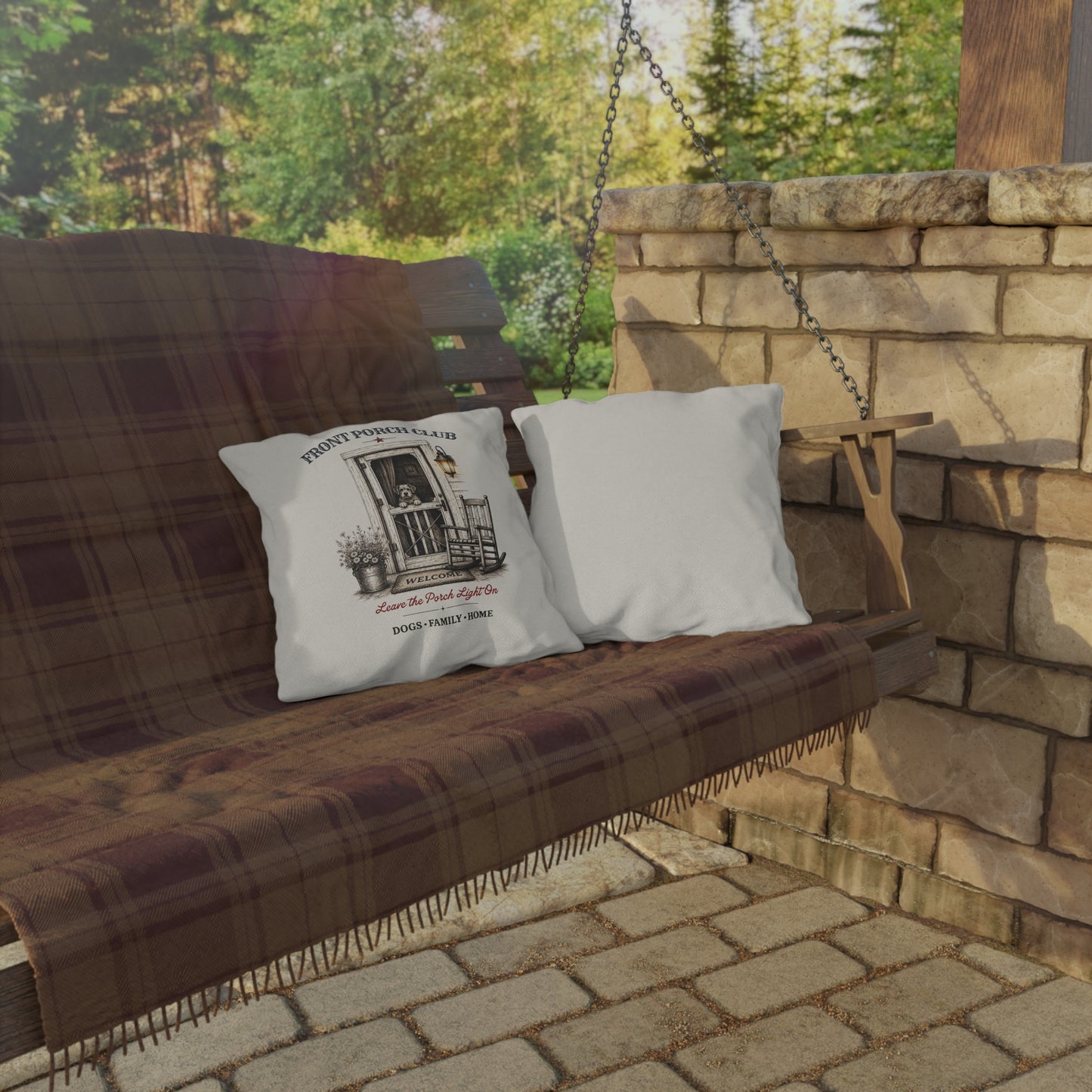 Leave The Porch Light On Outdoor Throw Pillow | 16x16 Farmhouse Porch Pillow | Front Porch Club™ | Dog Days Mercantile