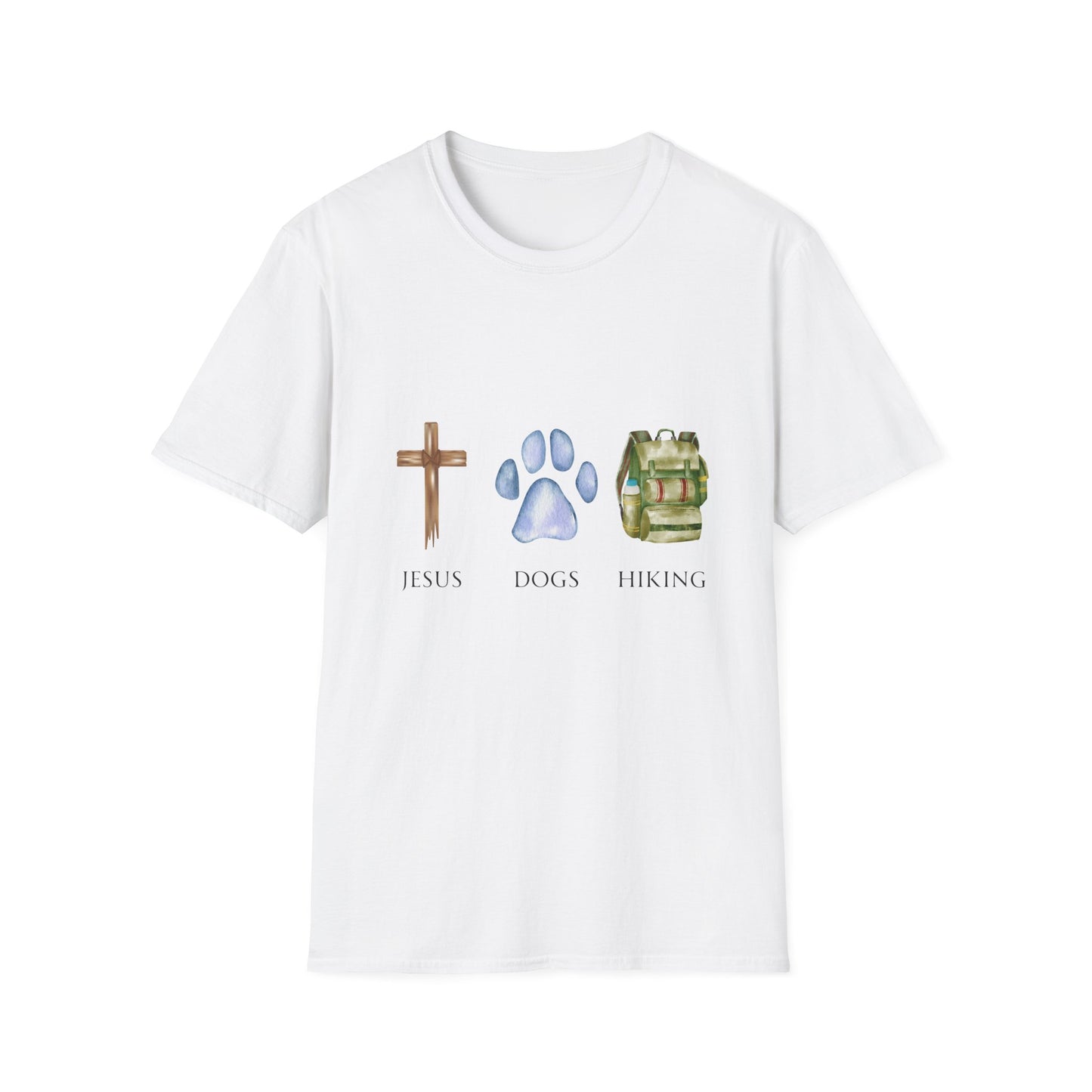 Jesus, Dogs & Hiking Gildan Unisex T-Shirt | Christian Dog Lover Shirt | Faith & Dogs Graphic Tee | Gift for Dog Moms & Dog Dads