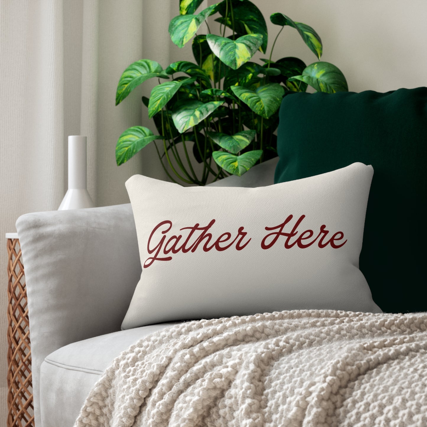 Gather Here Lumbar Pillow | Farmhouse Throw Pillow | Rustic Americana Accent Cushion | Country Porch Decor