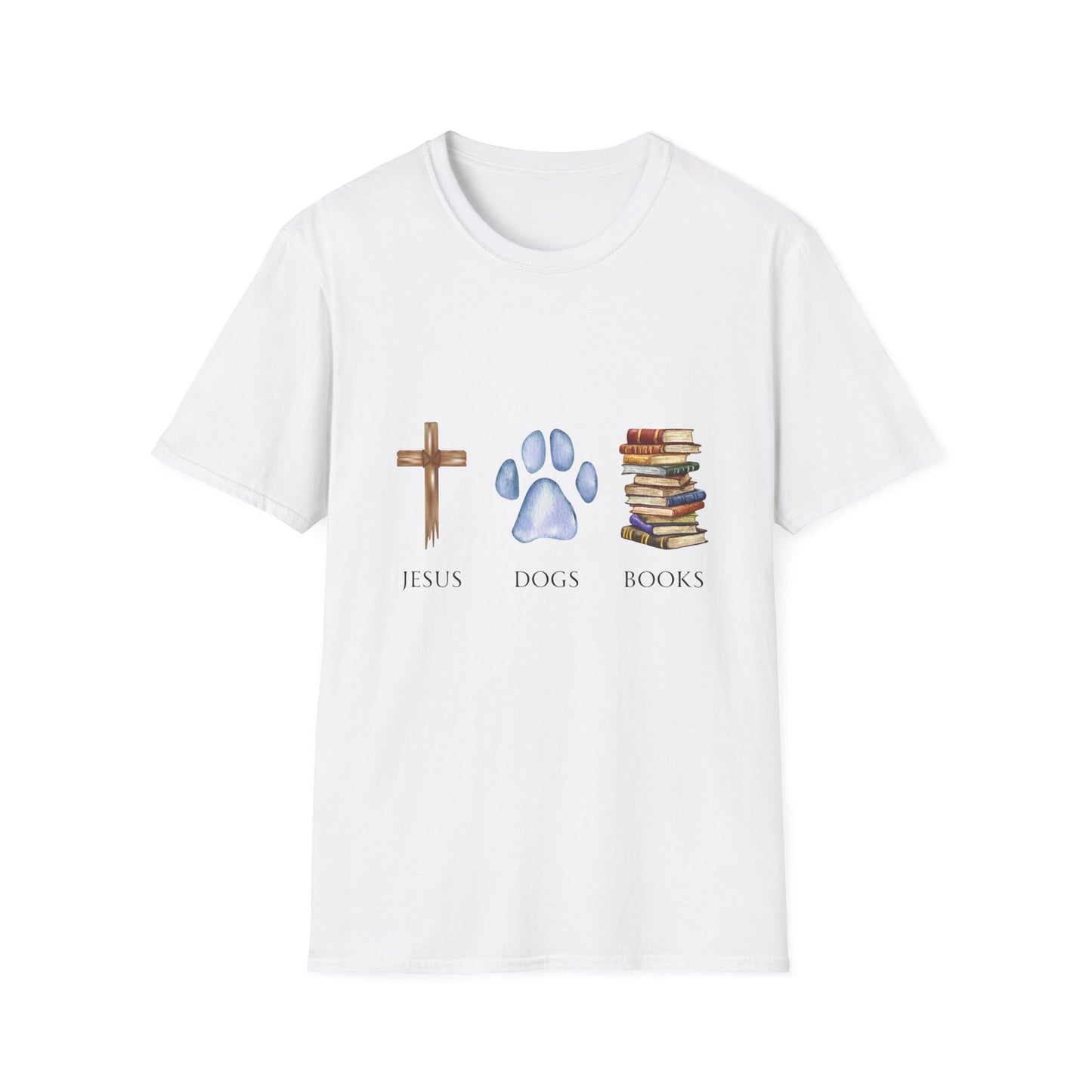 Jesus, Dogs & Books Gildan Unisex T-Shirt | Christian Dog Lover Shirt | Faith & Dogs Graphic Tee | Gift for Dog Moms & Dog Dads