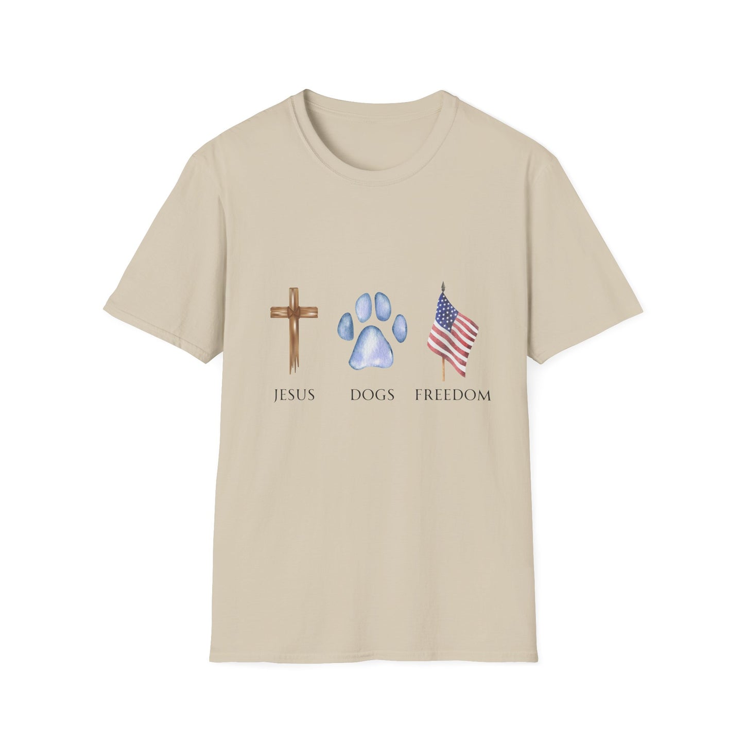 Jesus, Dogs & Freedom Gildan Unisex T-Shirt, Christian Dog Lover Shirt, Faith & Dogs Graphic Tee, Gift for Dog Moms & Dog Dads