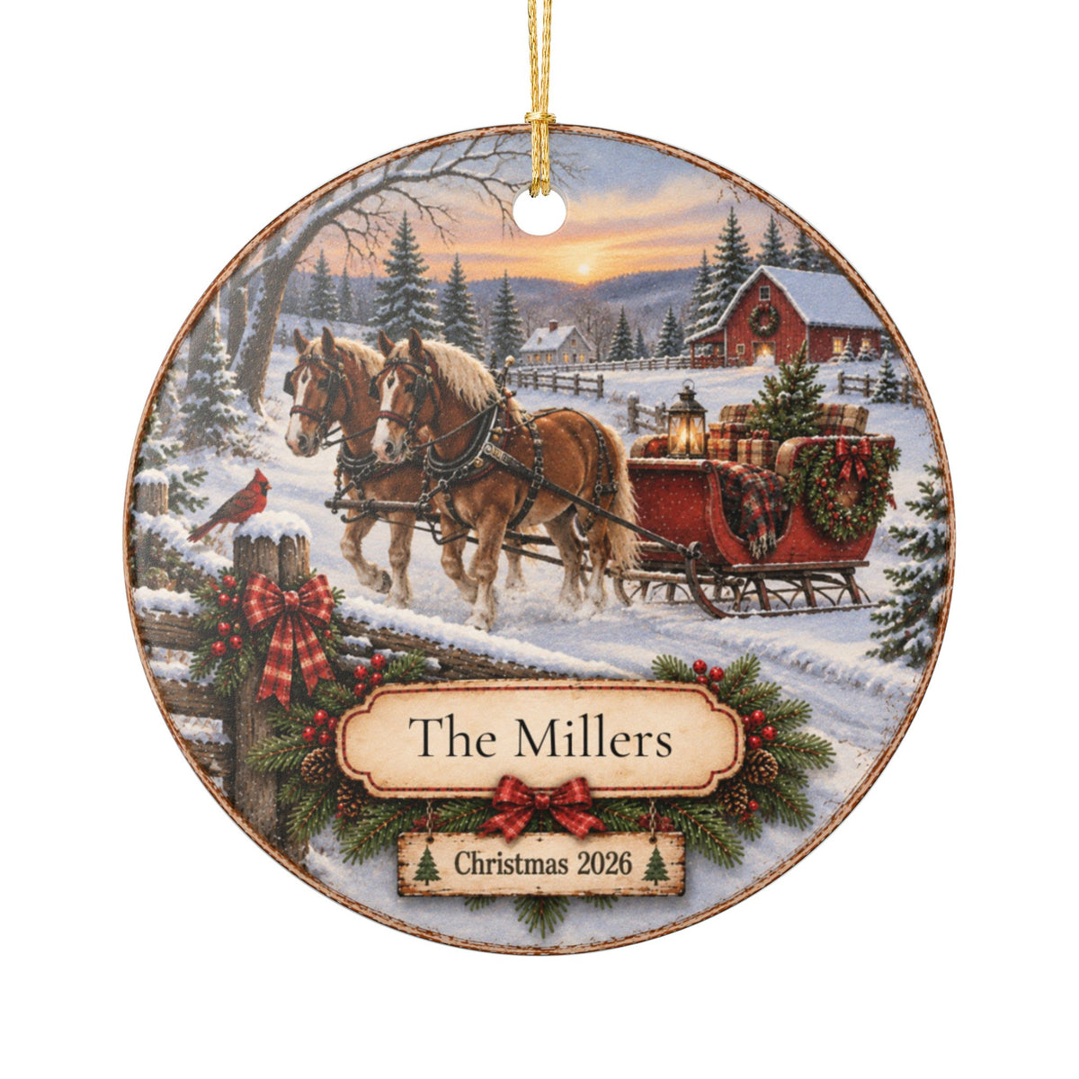 Personalized Horse-Drawn Sleigh Christmas Ornament | Family Name Ornament | Nostalgic Christmas Keepsake