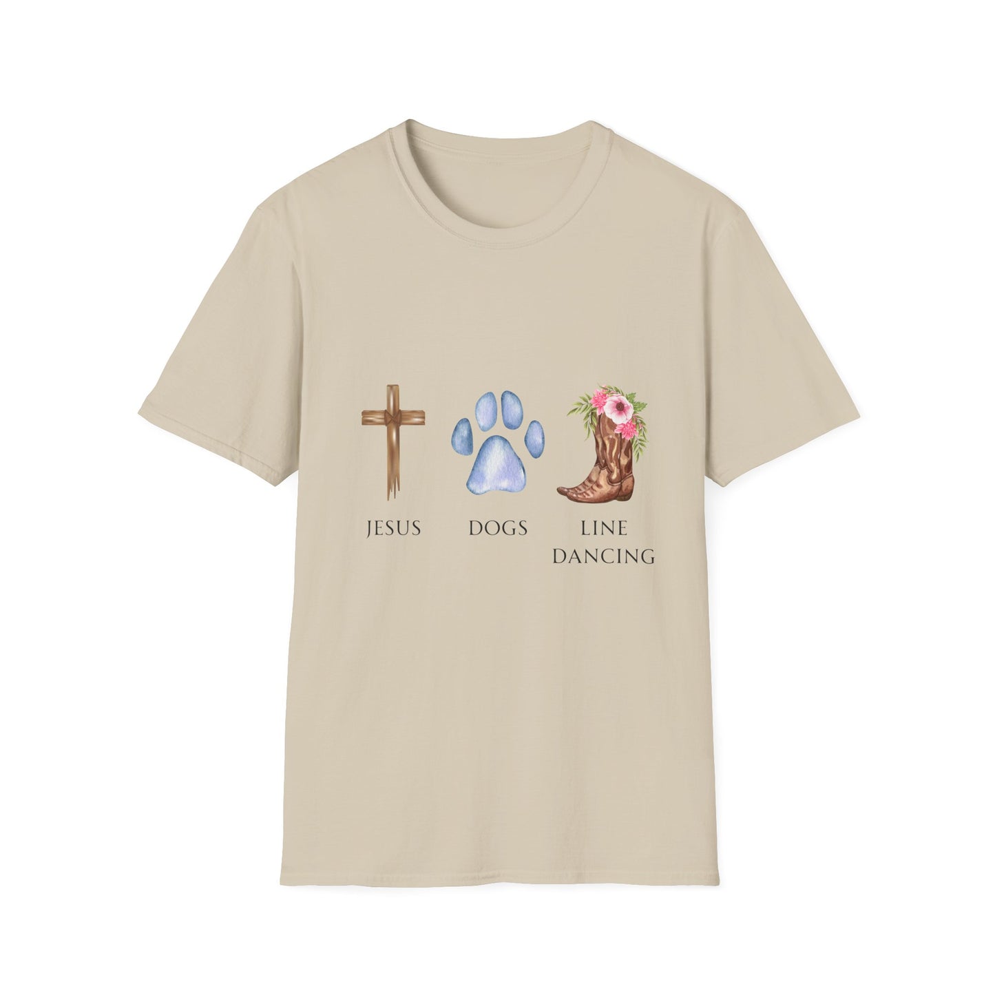 Jesus, Dogs & Line Dancing Gildan Unisex T-Shirt, Christian Dog Lover Shirt, Faith & Dogs Graphic Tee, Gift for Dog Moms & Dog Dads