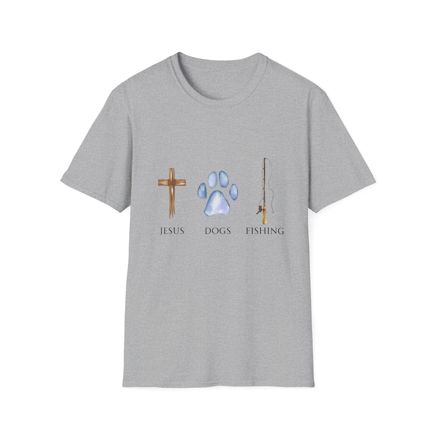 Jesus, Dogs & Fishing Gildan Unisex T-Shirt, Christian Dog Lover Shirt, Faith & Dogs Graphic Tee, Gift for Dog Moms & Dog Dads