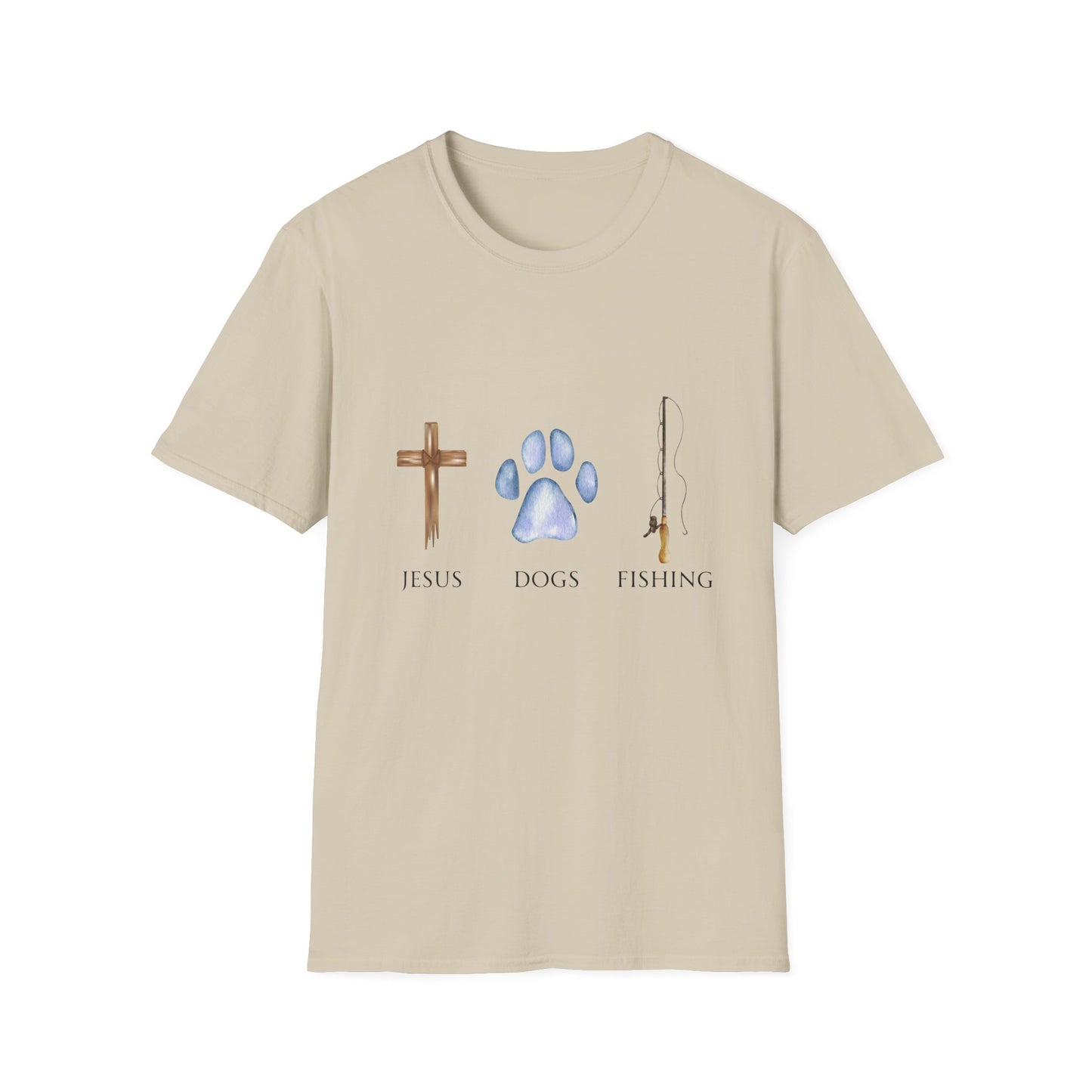 Jesus, Dogs & Fishing Gildan Unisex T-Shirt, Christian Dog Lover Shirt, Faith & Dogs Graphic Tee, Gift for Dog Moms & Dog Dads