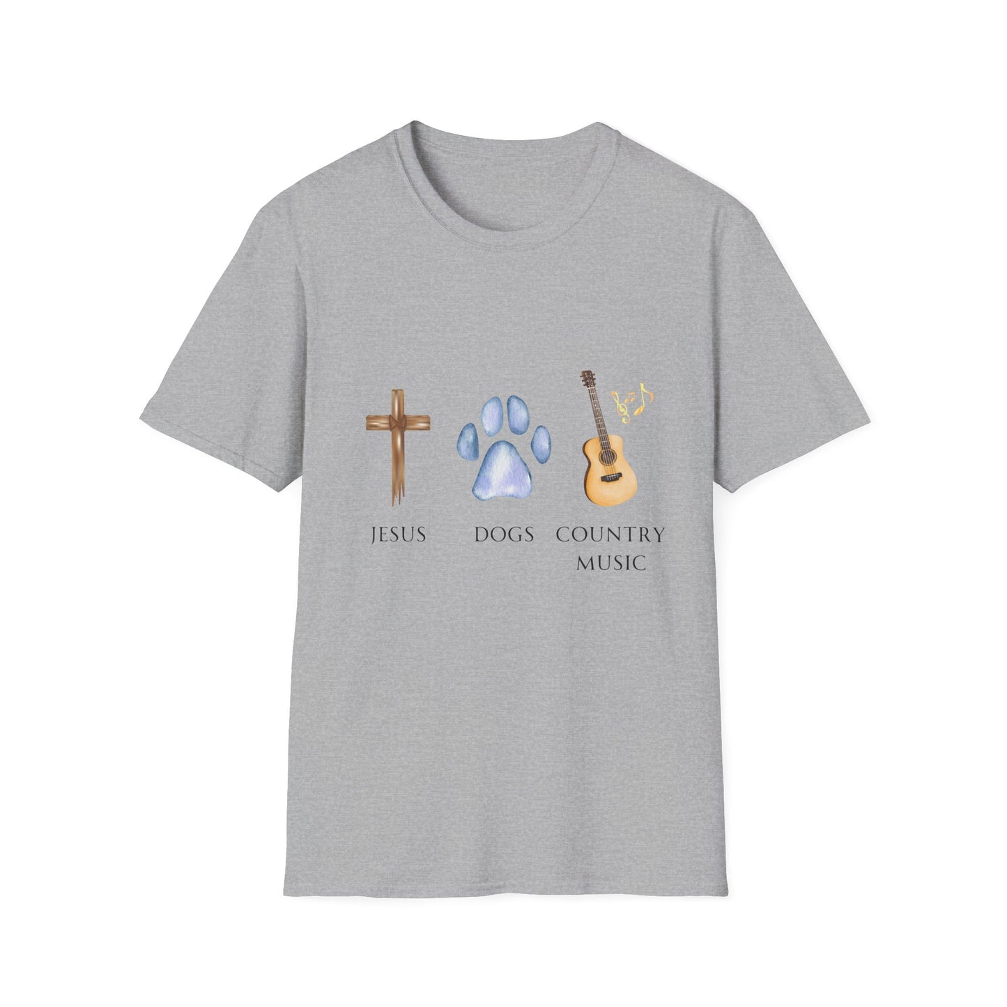 Jesus, Dogs, & Country Music, Gildan Unisex T-Shirt, Christian Dog Lover Shirt, Faith & Dogs Graphic Tee, Gifts for Dog Moms & Dog Dads