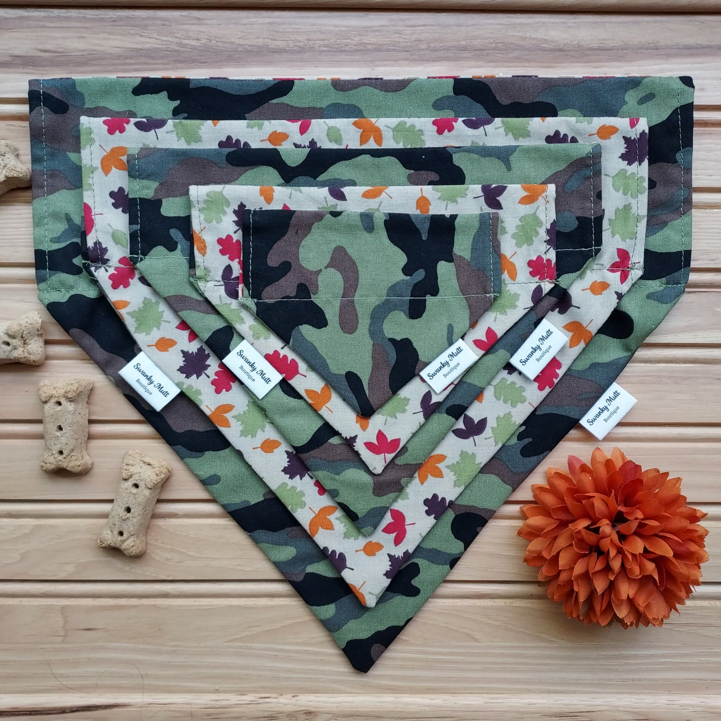 Camo with Fall Leaves Reversible Slide-Over-the-Collar Dog Bandana by Swanky Mutt Boutique