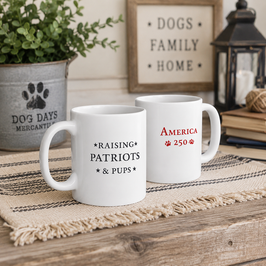Raising Patriots & Pups 11 oz Double-Sided Ceramic Coffee Mug | Patriotic Dog Lover Gift | Americana Coffee Cup