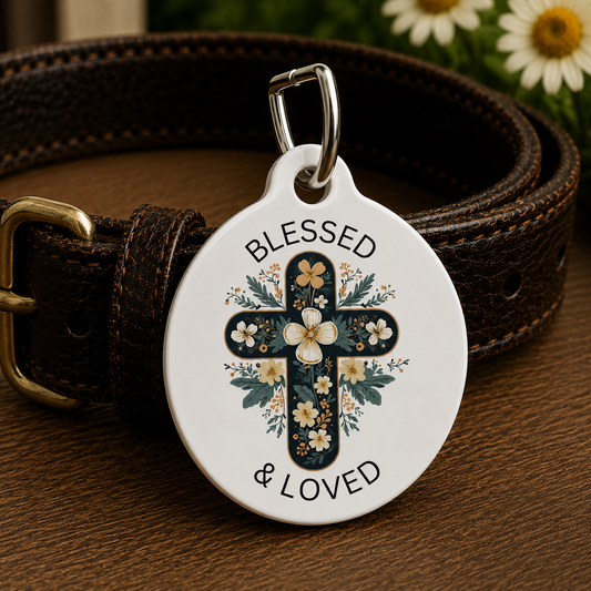 Blessed & Loved Dog ID Tag | Christian Pet Tag | Personalized Dog Collar Tag