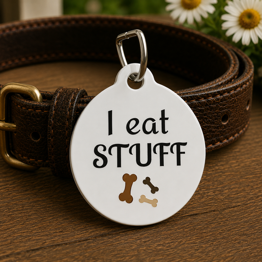 I Eat Stuff Funny Dog ID Tag | Cute Pet Tag | Personalized Dog ID Tag