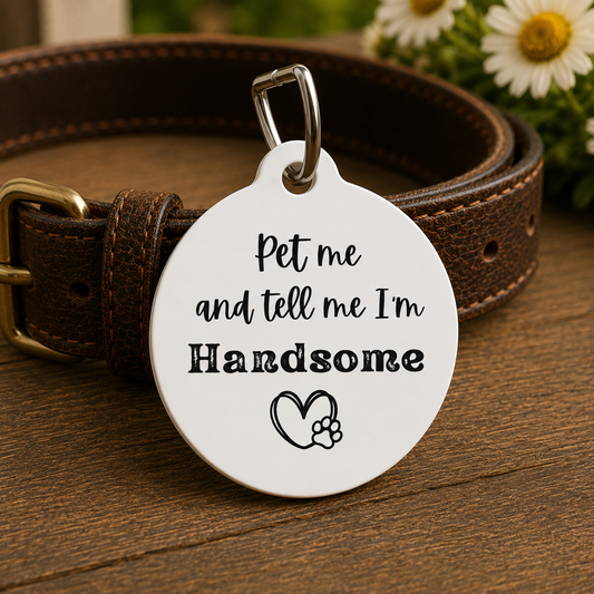 Pet Me and Tell Me I'm Handsome Funny Dog ID Tag | Cute Pet Tag | Personalized Dog ID Tag